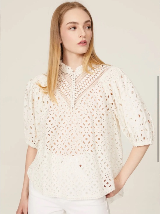 Allsaints Tila Puff Sleeve Eyelet Blouse White Cotton Top Boho Cottagecore Sz 2